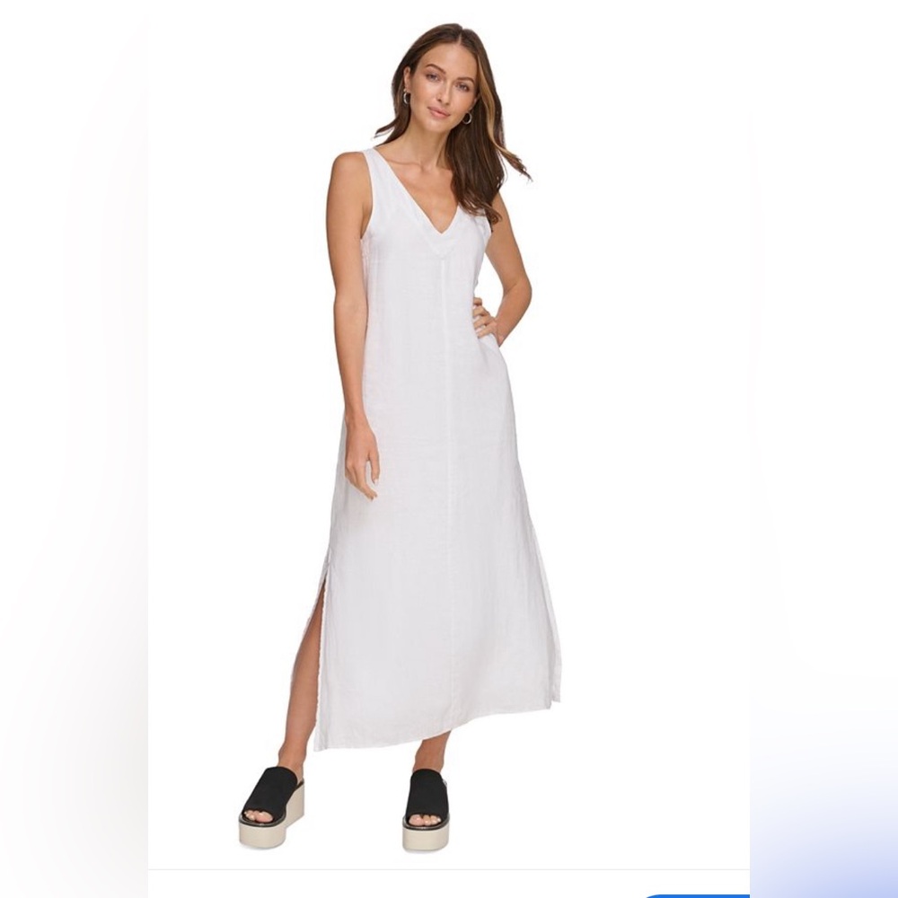 White V-Neck Linen Maxi Dress
